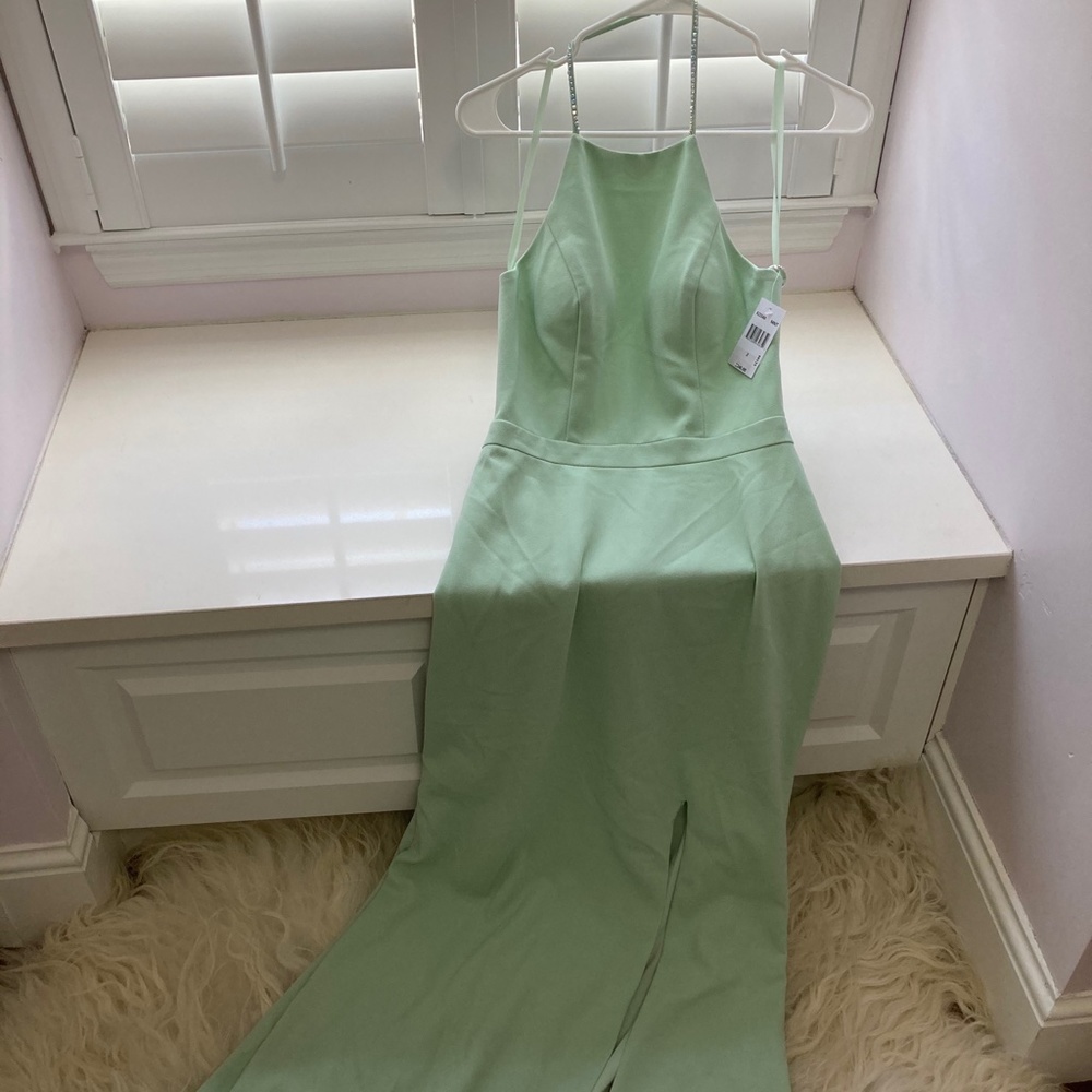 AQUA EMBELLISHED HALTER EVENING DRESS - Picture 5 of 16